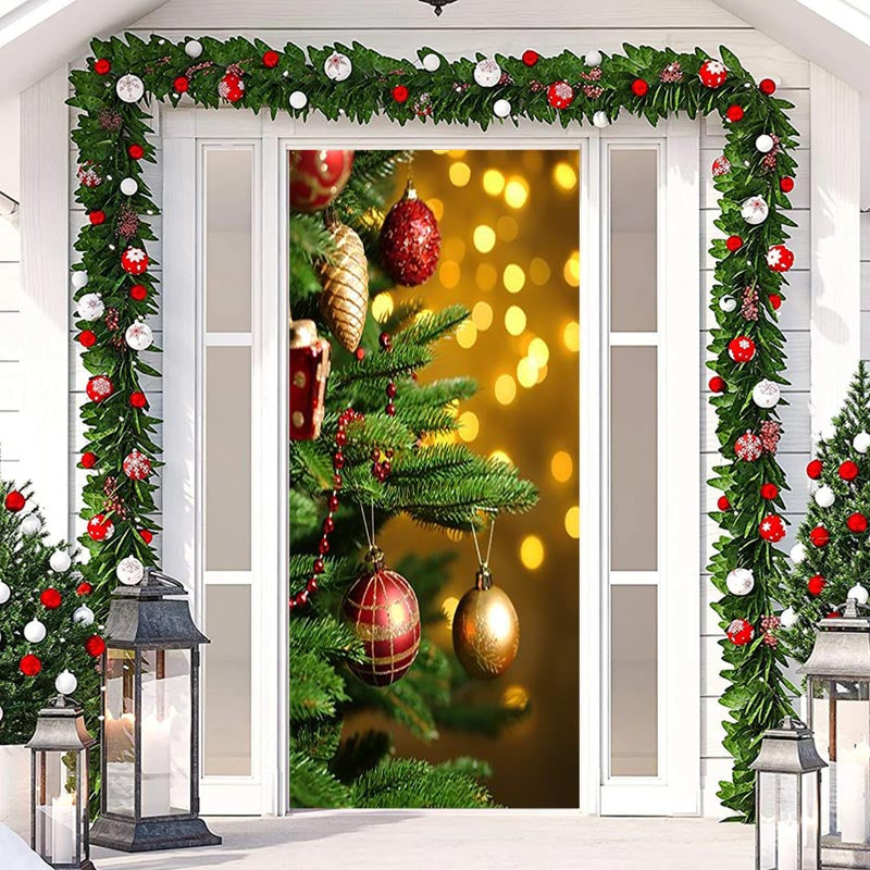 Aperturee - Green Tree Light Gold Bokeh Christmas Door Cover