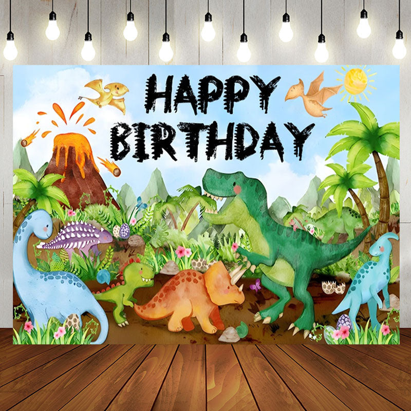 Aperturee - Green Trees Dinosaur Volcanic Birthday Backdrop