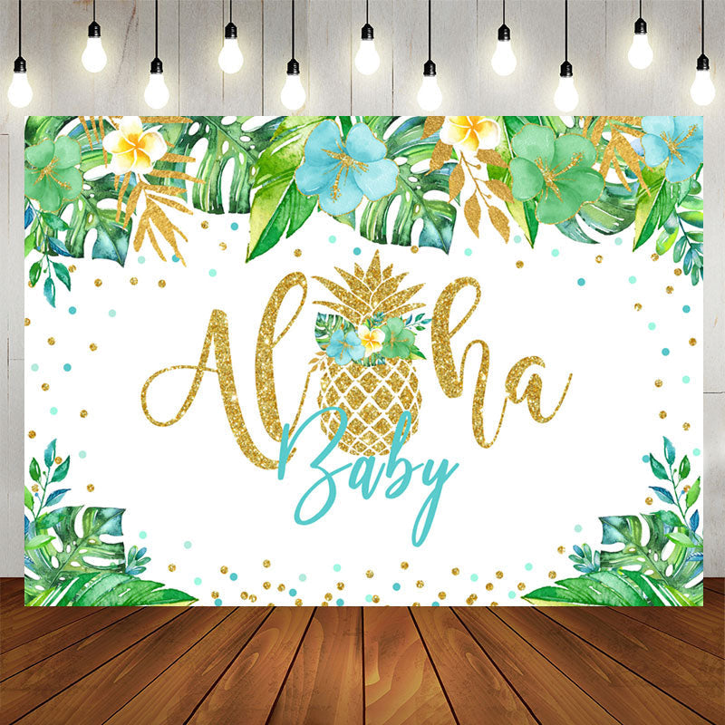 Aperturee - Green Tropical Plant Golden Aloha Baby Shower Backdrop