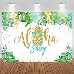 Aperturee - Green Tropical Plant Golden Aloha Baby Shower Backdrop