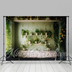 Aperturee - Green Vines White Clay Pot Floral Spring Backdrop