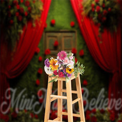 Aperturee - Green Wall Door Red Roses Curtain Floral Backdrop