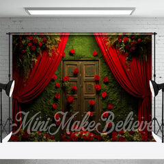 Aperturee - Green Wall Door Red Roses Curtain Floral Backdrop