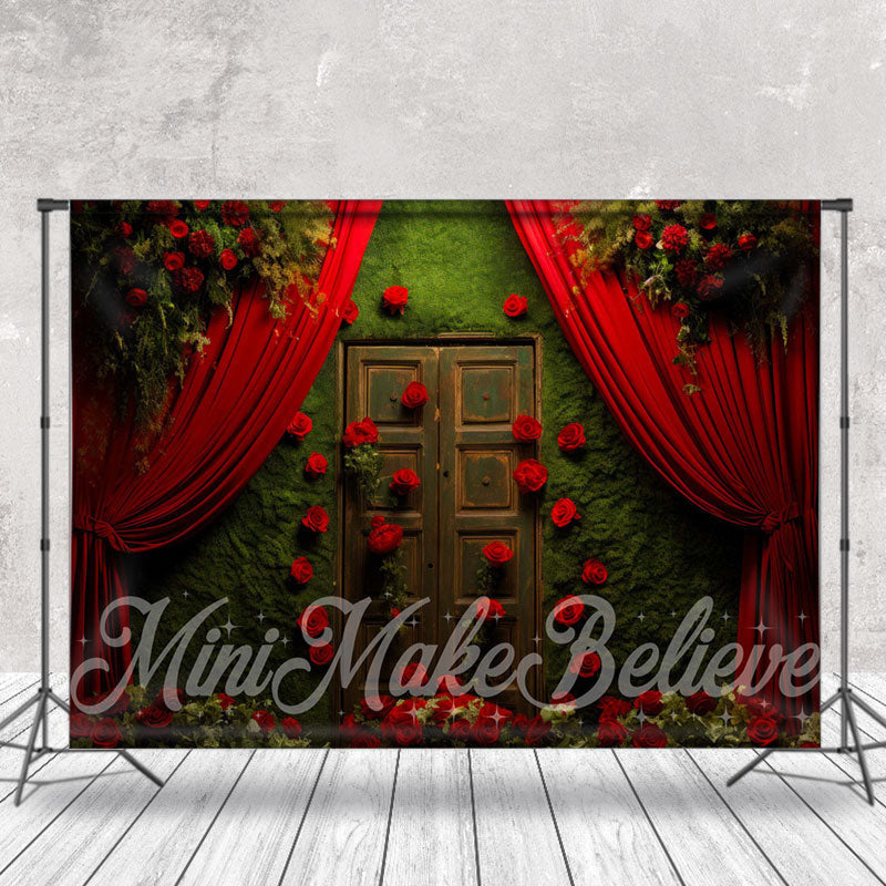 Aperturee - Green Wall Door Red Roses Curtain Floral Backdrop