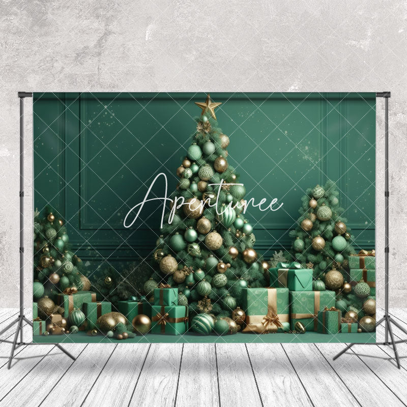 Aperturee - Green Wall Gift Trees Bells Snowy Christmas Backdrop