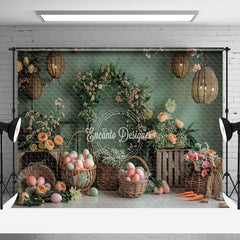 Aperturee - Green Wall Lanterns Eggs Floral Easter Backdrop