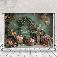 Aperturee - Green Wall Lanterns Eggs Floral Easter Backdrop