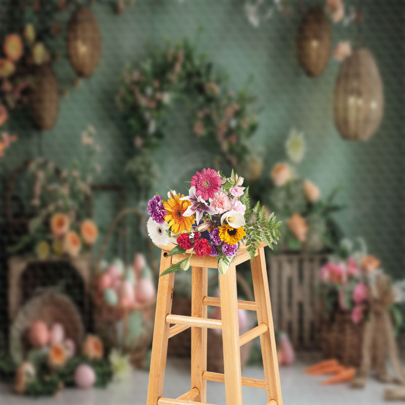 Aperturee - Green Wall Lanterns Eggs Floral Easter Backdrop