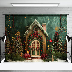 Aperturee - Green Wall Trees Wooden House Christmas Backdrop