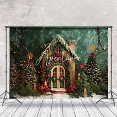 Aperturee - Green Wall Trees Wooden House Christmas Backdrop