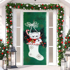 Aperturee - Green White Cat Sock Greetings Christmas Door Cover