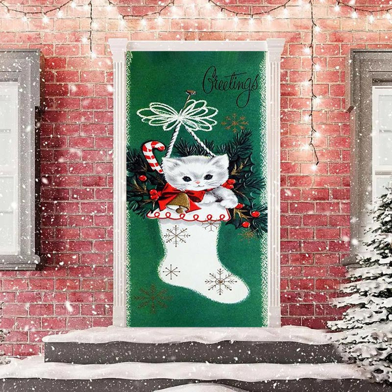 Aperturee - Green White Cat Sock Greetings Christmas Door Cover