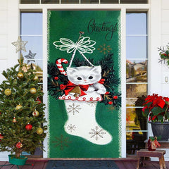 Aperturee - Green White Cat Sock Greetings Christmas Door Cover