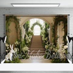 Aperturee - Green White Floral Palace Stairs Easter Backdrop