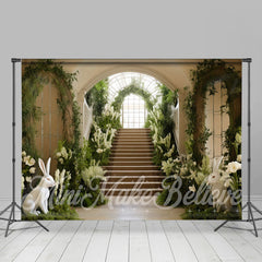 Aperturee - Green White Floral Palace Stairs Easter Backdrop