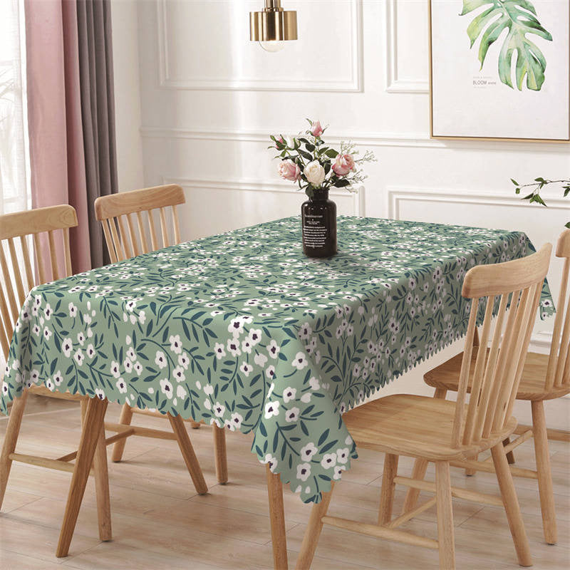 Aperturee - Green White Floral Print Spring Rectangle Tablecloth