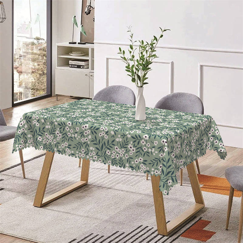 Aperturee - Green White Floral Print Spring Rectangle Tablecloth