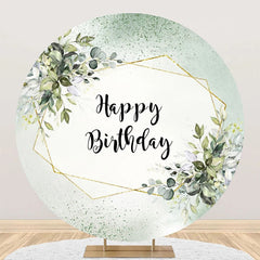 Aperturee - Green White Glitter Leaves Round Birthday Backdrop