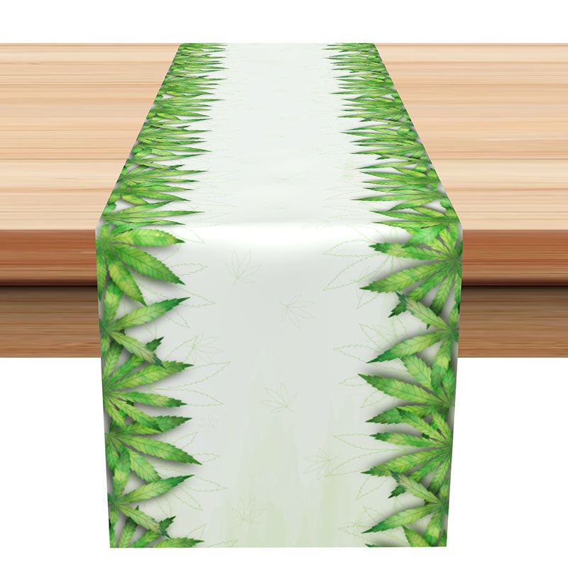 Aperturee - Green White Marijuana Leaves Simple Table Runner