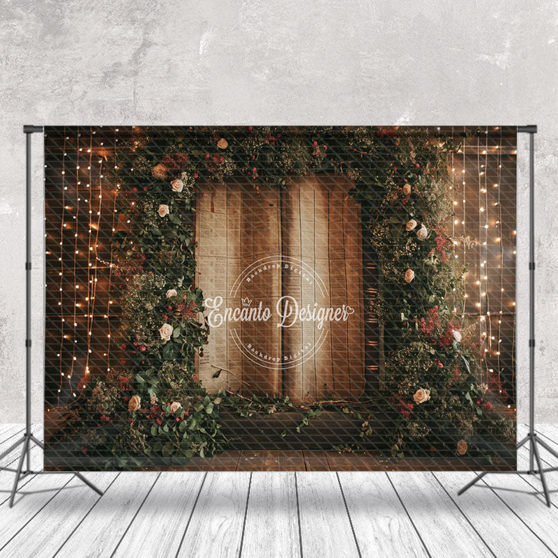 Aperturee - Green Wreath Book Light Strings Wood Wall Backdrop