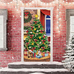 Aperturee - Green Xmas Tree Bowknot Gift Christmas Door Cover