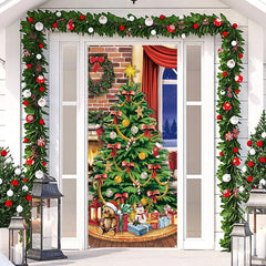 Aperturee - Green Xmas Tree Bowknot Gift Christmas Door Cover