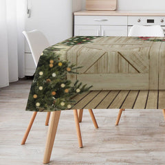 Aperturee - Green Xmas Tree Wood Door Brick Christmas Tablecloth