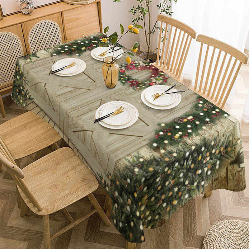 Aperturee - Green Xmas Tree Wood Door Brick Christmas Tablecloth