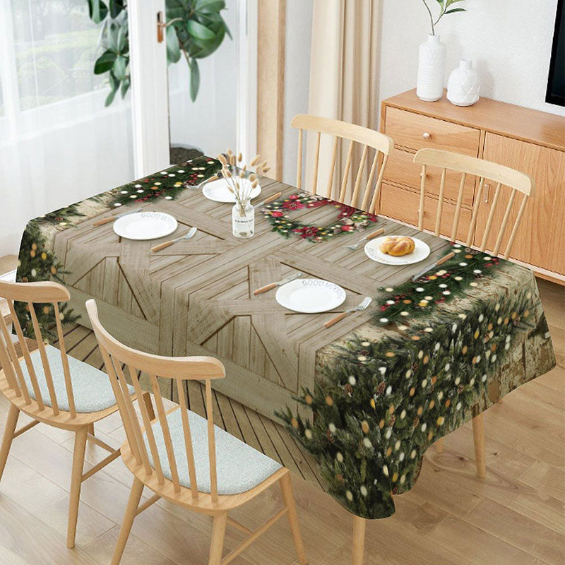 Aperturee - Green Xmas Tree Wood Door Brick Christmas Tablecloth