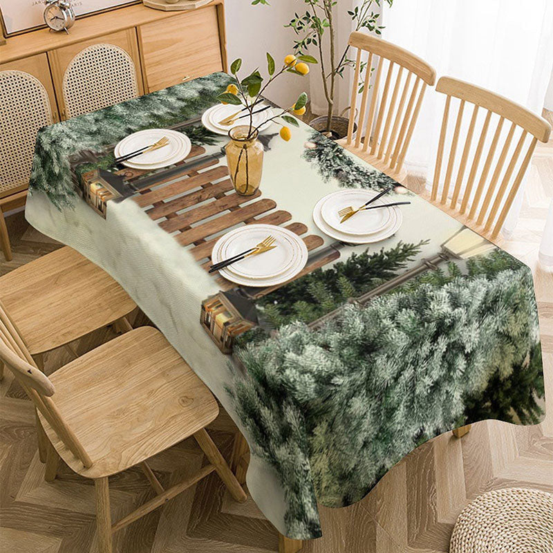 Aperturee - Green Xmas Tree Wooden Fence Christmas Tablecloth