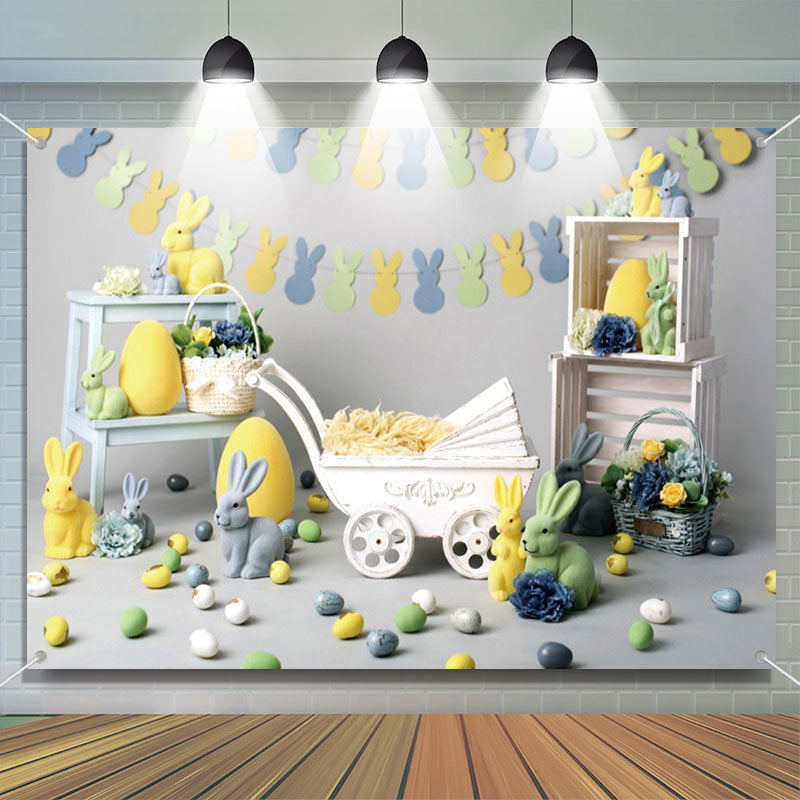 Aperturee - Green Yellow Bunny Eggs Trolley Easter Backdrop