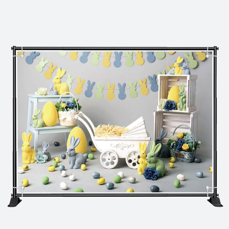 Aperturee - Green Yellow Bunny Eggs Trolley Easter Backdrop