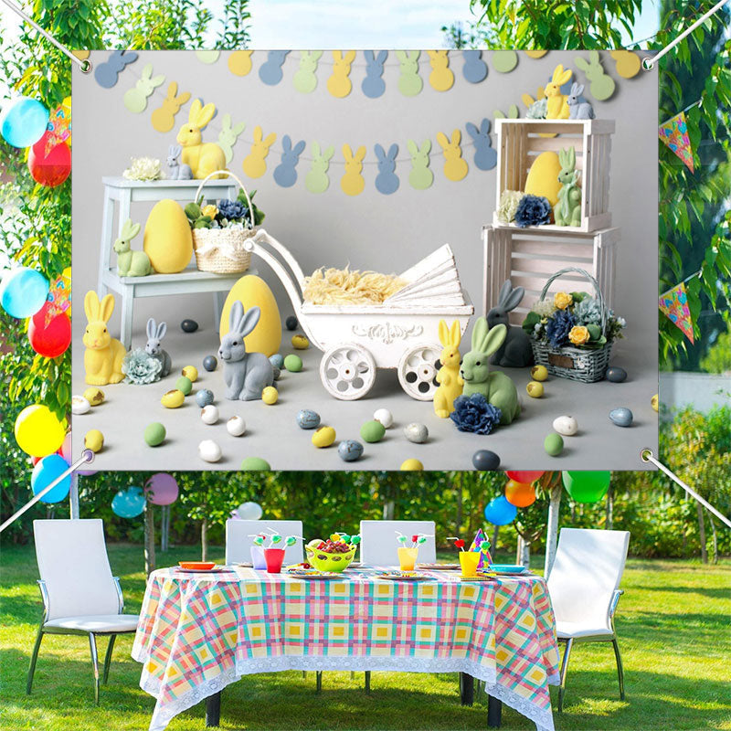 Aperturee - Green Yellow Bunny Eggs Trolley Easter Backdrop