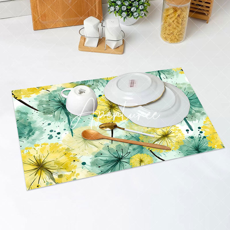 Aperturee - Green Yellow Ink Leaves Vintage Set Of 4 Placemats