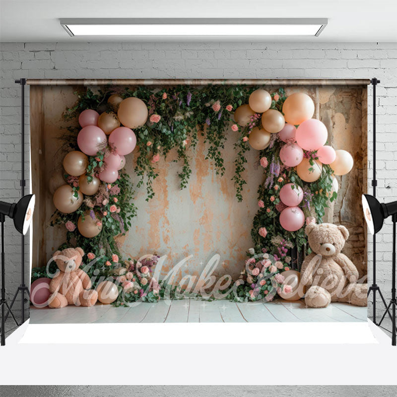 Aperturee - Greenery Balloon Bear Birthday Cake Smash Backdrop