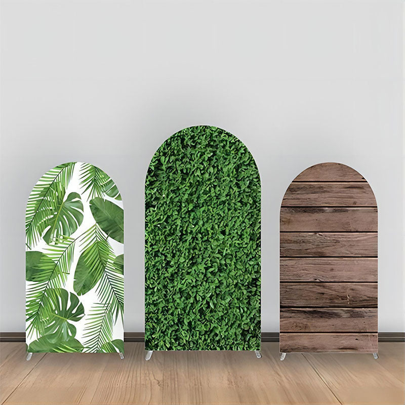 Aperturee - Greenery Monstera Brown Wood Wall Arch Backdrop Kit