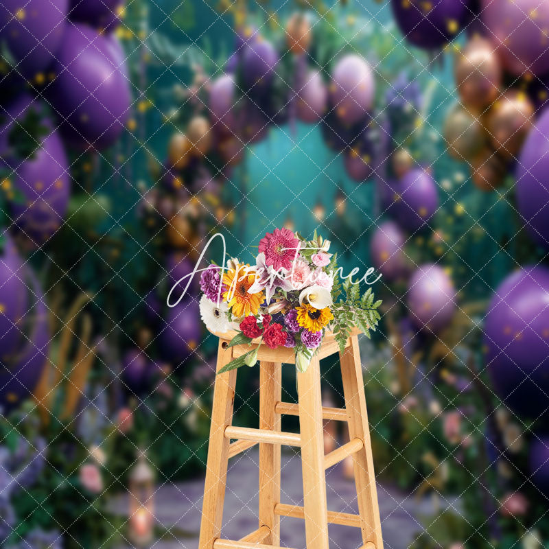 Aperturee - Greenery Purple Arch Balloons Cake Smash Backdrop