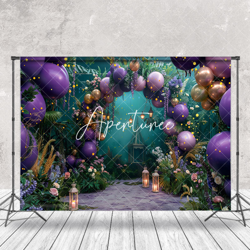 Aperturee - Greenery Purple Arch Balloons Cake Smash Backdrop