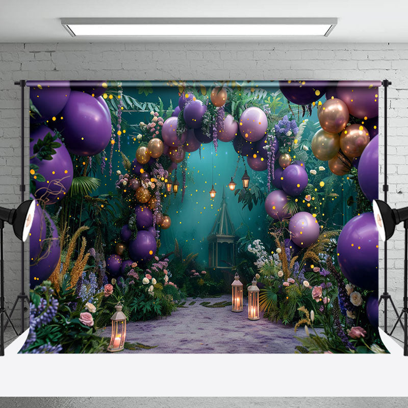 Aperturee - Greenery Purple Arch Balloons Cake Smash Backdrop