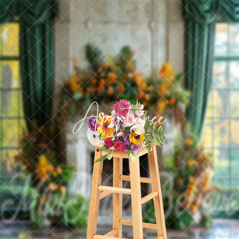 Aperturee - Greenery Retro Floral Fireplace Cake Smash Backdrop