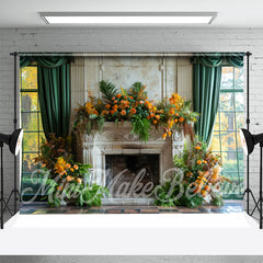 Aperturee - Greenery Retro Floral Fireplace Cake Smash Backdrop