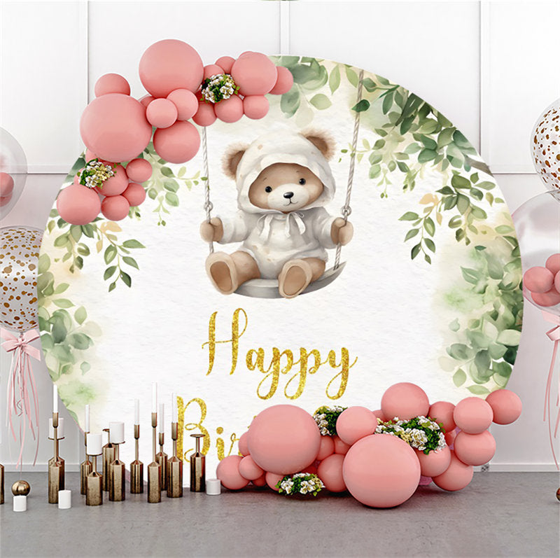 Aperturee - Greenery Teddy Bear Swing Round Birthday Backdrop