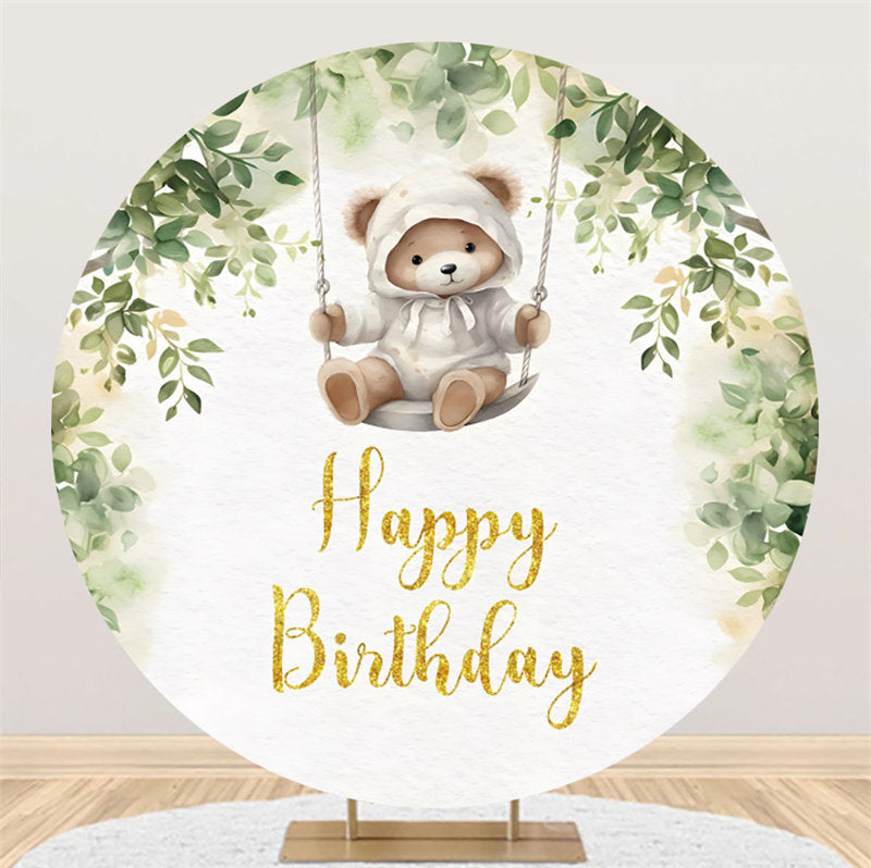 Aperturee - Greenery Teddy Bear Swing Round Birthday Backdrop