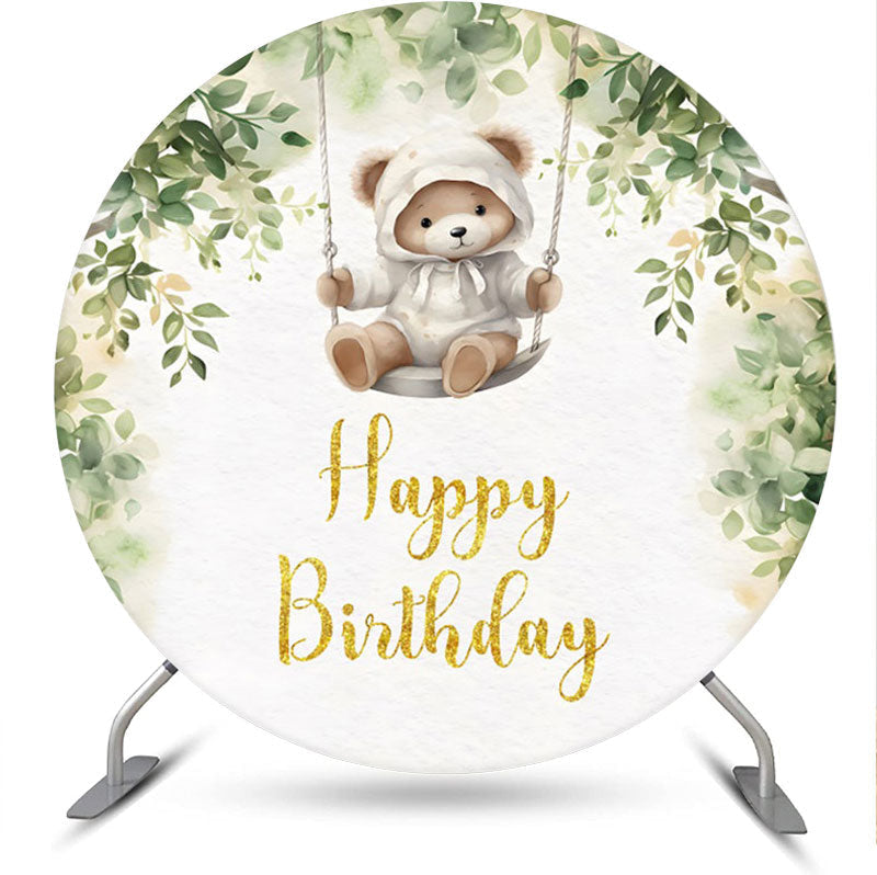 Aperturee - Greenery Teddy Bear Swing Round Birthday Backdrop