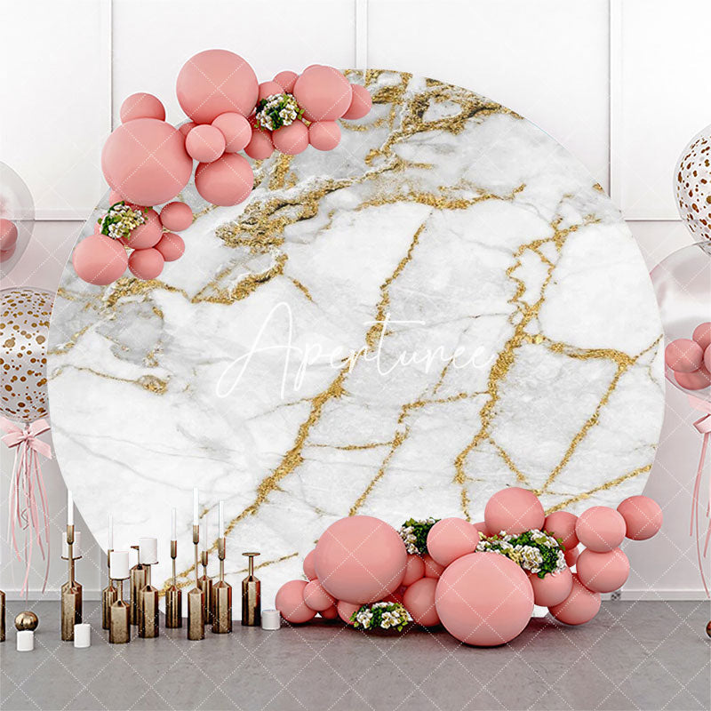 Aperturee - Grey And Gold Marble Simple Round Birthday Backdrop