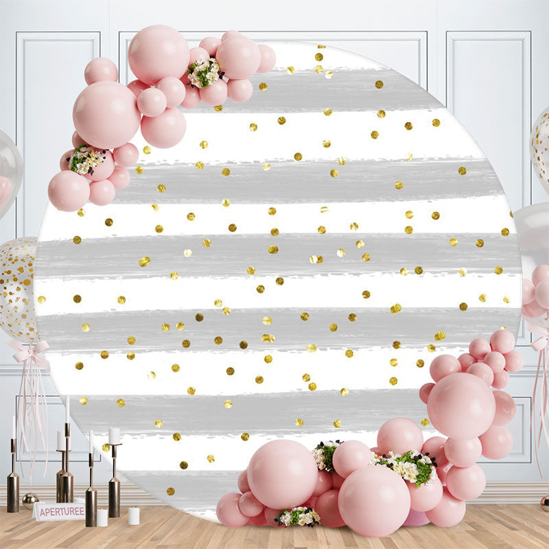 Aperturee - Grey And White Stripes Round Gold Birthday Backdrop