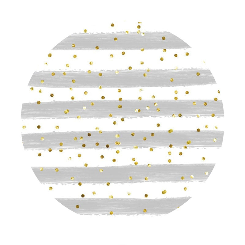 Aperturee - Grey And White Stripes Round Gold Birthday Backdrop