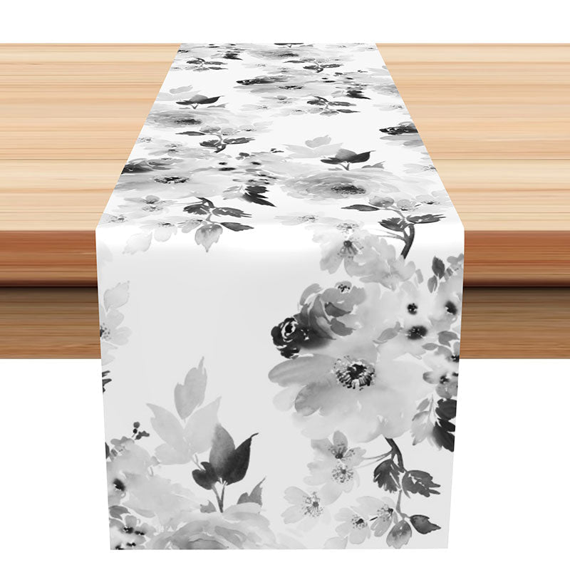 Aperturee - Grey Black Floral Watercolor Fabric Table Runner