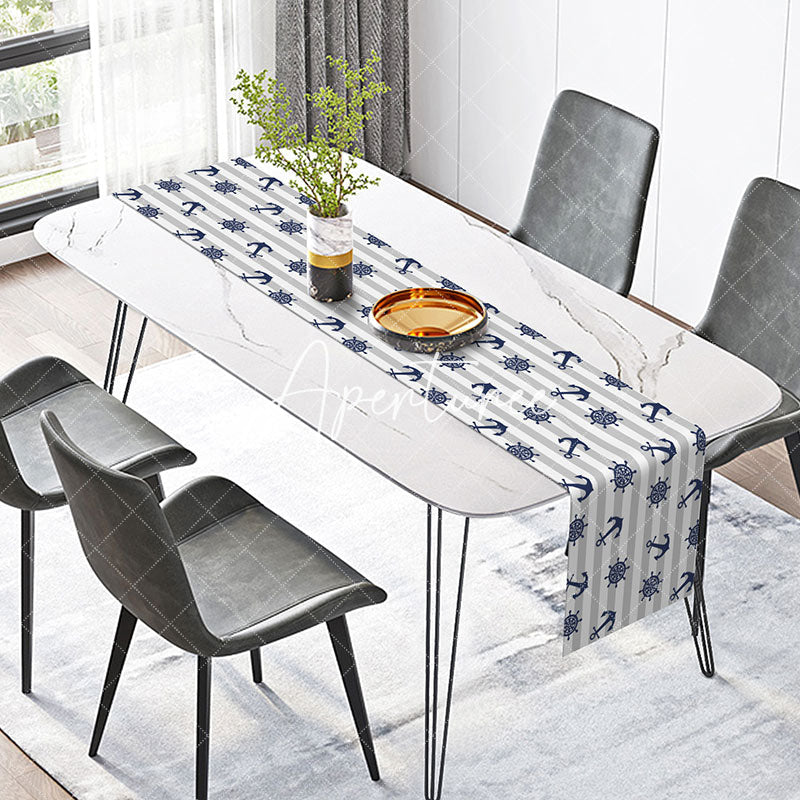 Aperturee - Grey Blue Anchor Navigation Coastal Table Runner