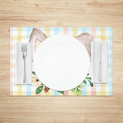 Aperturee - Grey Bunny Ear Plaid Floral Leaf Set Of 4 Placemats